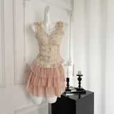 BXOXO - summer inspo Fairycore Buttom Up Sexy Halter Neck Crop Tops +Mini Skirt Suit Hotsweet Fashion 2 Piece Set Streetwear